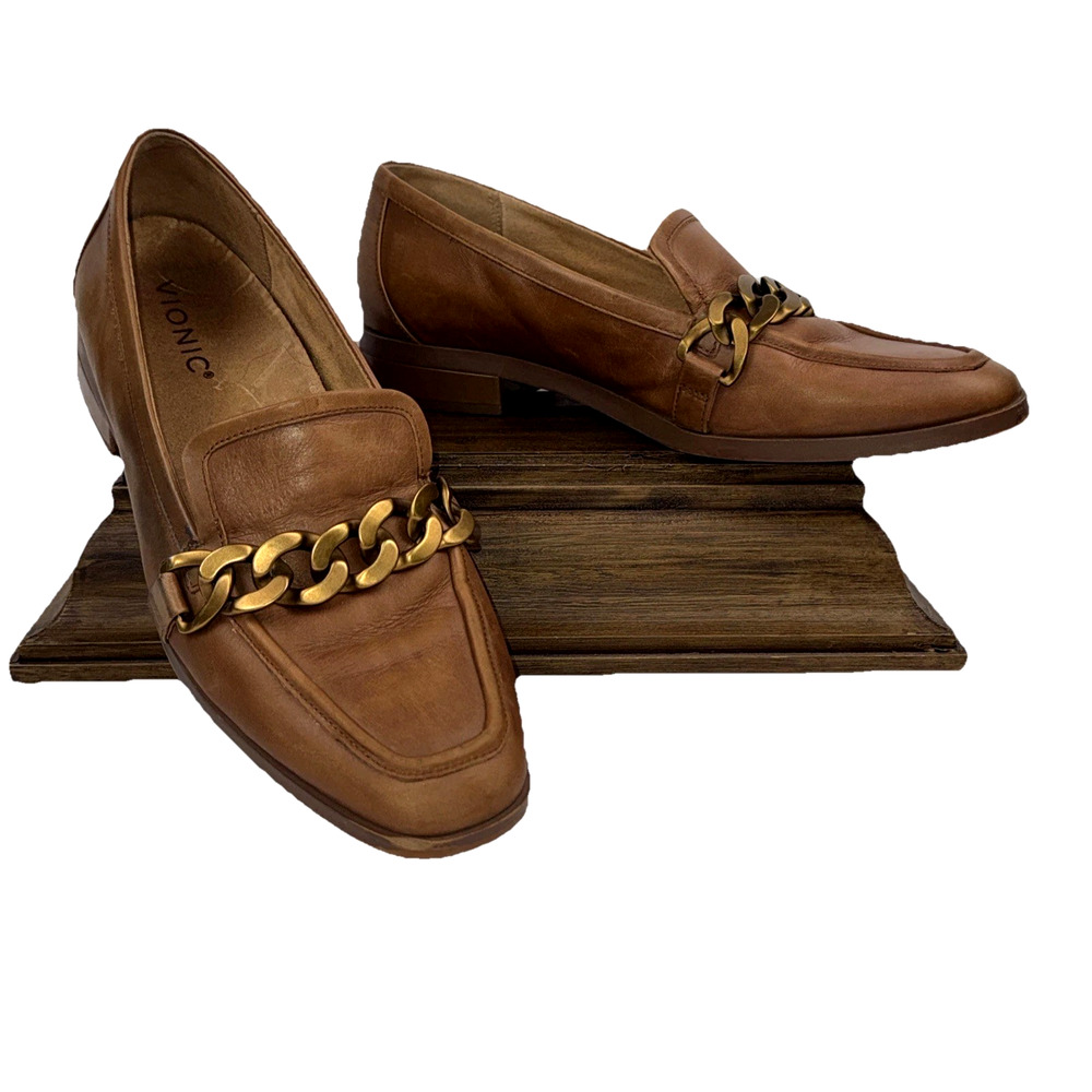 Vionic Tan Brown Leather Chain Loafers